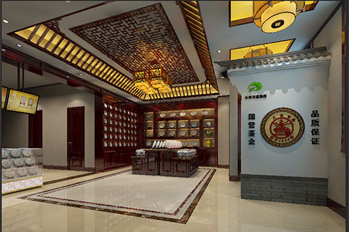 龙口古朴典雅的中式茶叶店大堂设计效果图